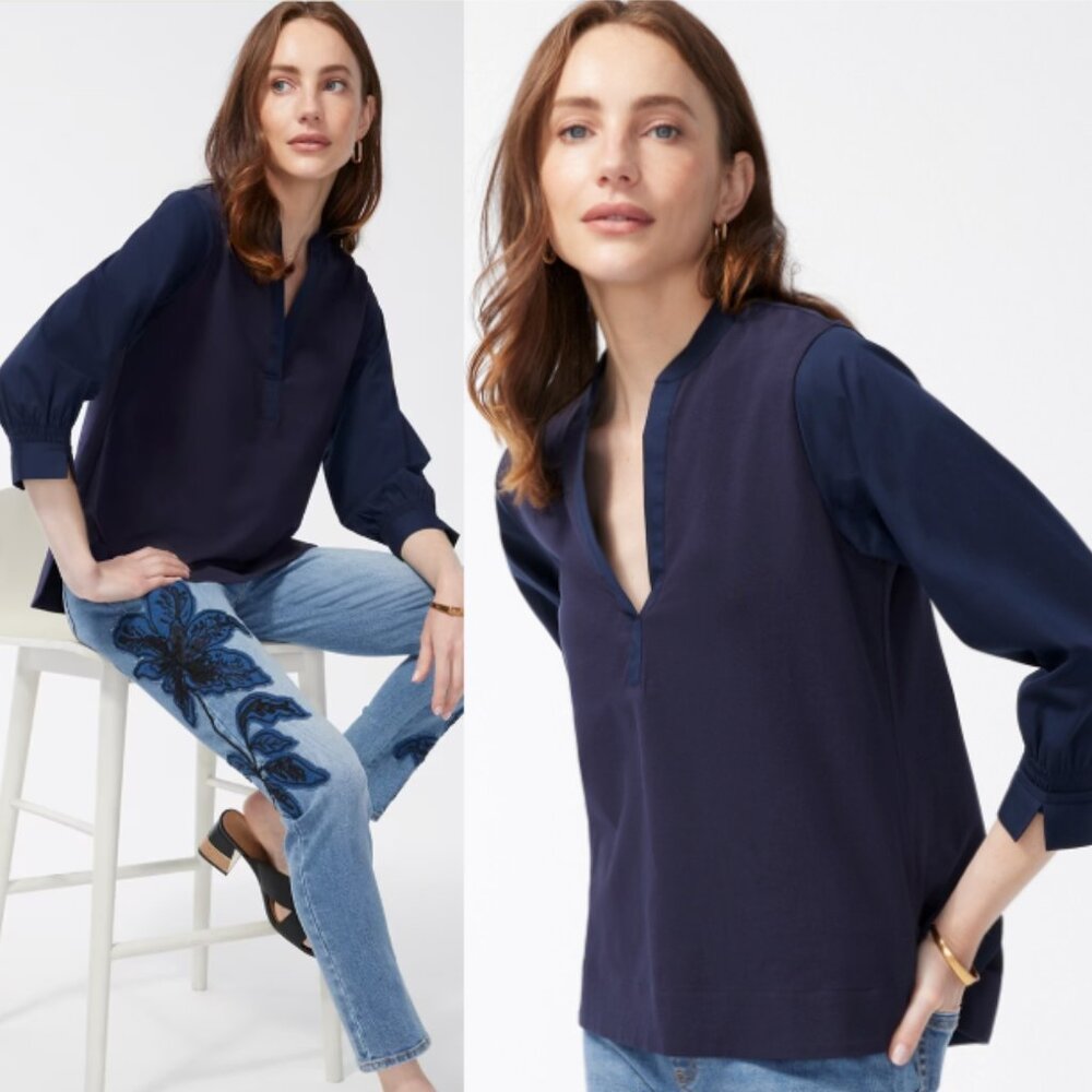 NWT CHICO'S Knit Woven Henley High Low V-Neck Top in Navy Size 1 (US M)